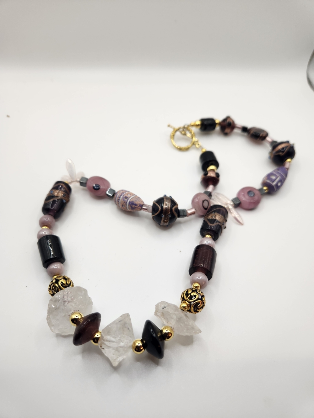 Pink and Black Mixed Bead Necklace with Crystal Accents - Picture 2 of 3